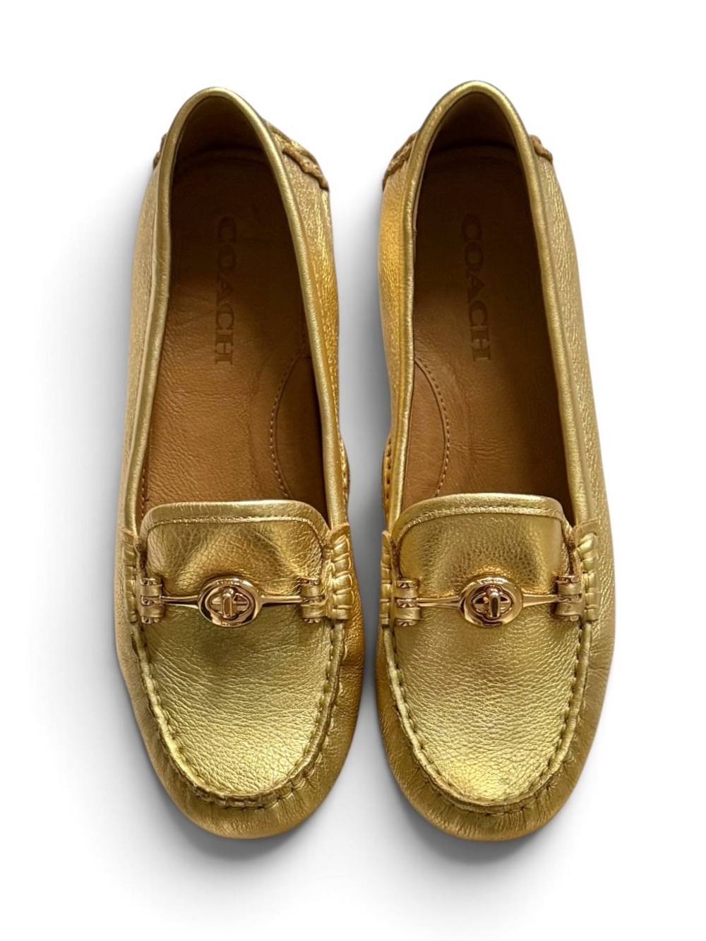 Coach Metallica Gold Tumbled Leather TurnLock Arlene Driving Loafers Size 7.5